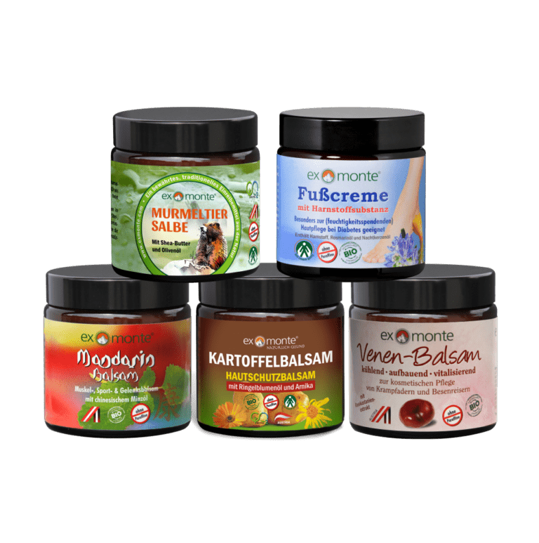 Murmeltiersalbe, Fußcreme (für Diabetiker), Mandarin Balsam, Kartoffel Balsam und Venenbalsam von Exmonte (Exmonte-Set)