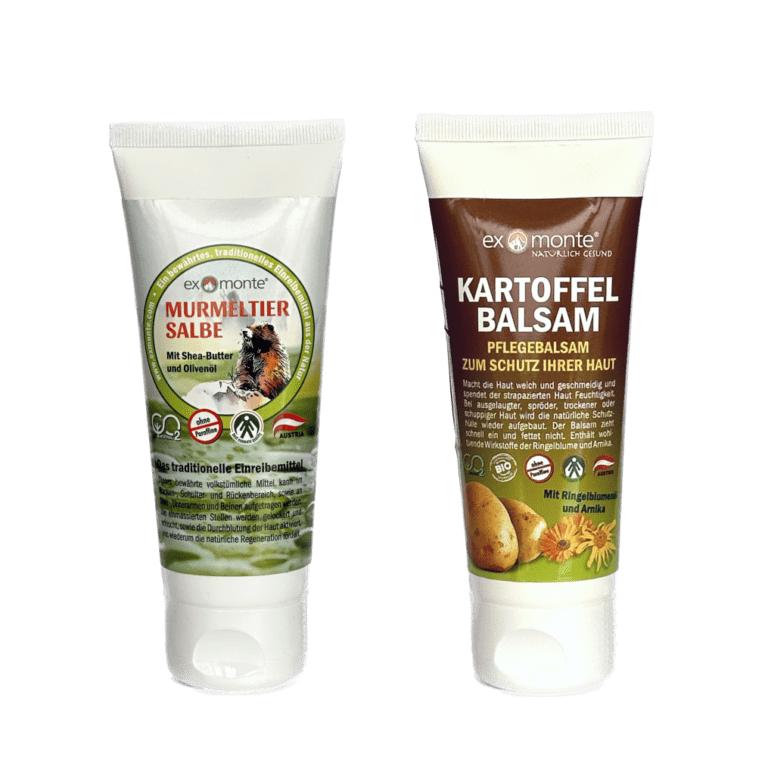 Murmeltiersalbe und Kartoffelbalsam in der Tube von Exmonte (Starter-Set)