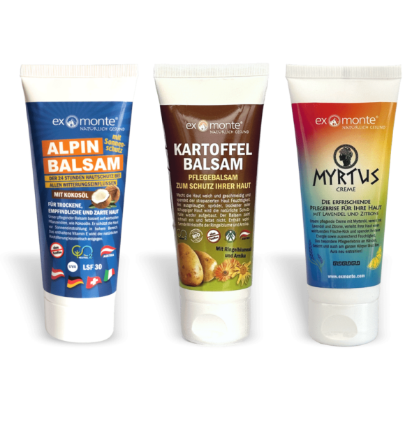 Alpin Balsam mit LSF 30 und Kartoffelbalsam in der Tube und Myrtus Creme von Exmonte (Reise-Set)