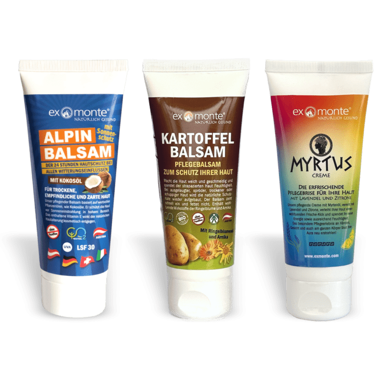 Alpin Balsam mit LSF 30 und Kartoffelbalsam in der Tube und Myrtus Creme von Exmonte (Reise-Set)